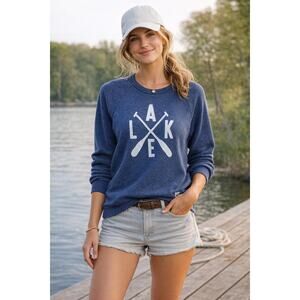 Lake Graphic Fleece Sweatshirt Navy Blue Crossed Paddles EUC Camping Boating 🛶